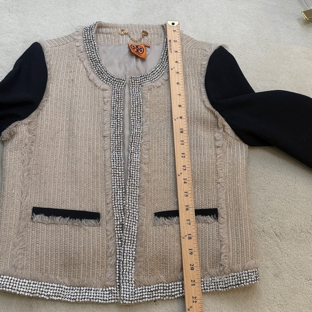 Tory Burch Sairy Bling Wool Tweed Jacket Black Tan Rhinestones Crystals Size 8 - Picture 11 of 12